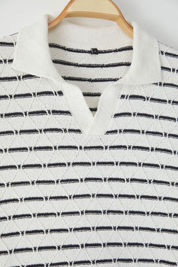 TRENDYOL MAN Ekru -Lacivert Cizgili Regular Fit Dokulu Polo Yaka Triko Tshirt TMNSS25PO00039 - Trendyolmilla фото 7