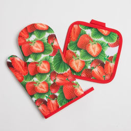 Кухонный набор Доляна Клубника вид 2, прихватка 17*17 см, рукавица 26*16 см,100% п/э  фото 2