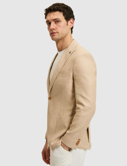 Bej Slim Fit Y_n Keten Kar___ml_ Mikro Desen K_rlang__ Yaka Ceket