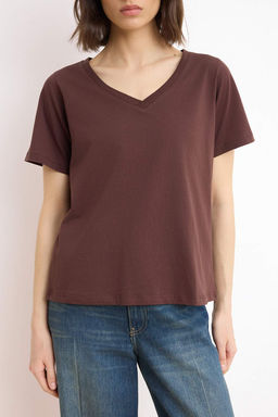 Ekru-Kahverengi %100 Pamuk 2li Paket Regular Kal?p Basic V Yaka Orme T-Shirt TWOSS23TS00002