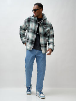 Куртка рубашка шерстяная в клетку мужская демисезонная зеленого цвета 58592Z