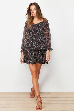 Siyah Cicek Desenli Belden Ac?lan Volanl? Astarl? Dokuma Elbise TWOAW23EL01455