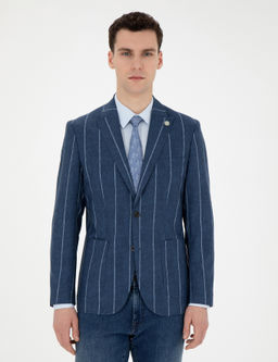 Lacivert Slim Fit _izgili Y_n Blazer Ceket