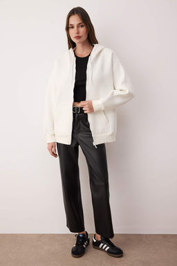 Ekru Oversize/Rahat Kesim Fermuarl? Kal?n Ici Polarl? Orme Sweatshirt TWOAW24SW00188