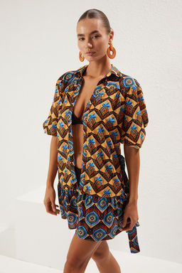 Trendyolmilla Etnik Desenli Mini Dokuma %100 Pamuk Balon Kollu Plaj Elbisesi TBESS25EL00035  фото 2