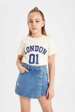 K?z Cocuk Slim Fit Dar Kesim Bisiklet Yaka Fitilli Kaskorse Bask?l? K?sa Kollu Tisort