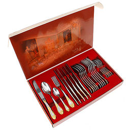 Набор столовых приборов из нержавеющей стали Императорский 24 предмета: вилка 20см - 6шт, ложка 20см - 6шт, ложка чайная 14,5см - 6шт, нож 24см - 6шт, нитрид-титановое покрытие, подарочная упаковка (Россия)