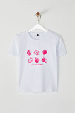 Beyaz Cilek Bask?l? Fitted/Vucuda Oturan Bask?l? Orme T-Shirt TWOSS25TS00082