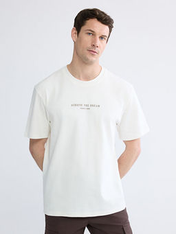 Oversize Fit Bisiklet Yaka Bask?l? Erkek Ti??rt