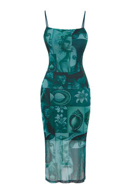 Zumrut Yesili Ask?l? Fitted/Vucuda Oturan Kare Yaka Tul Esnek Orme Midi Kalem Elbise TWOSS22EL00726