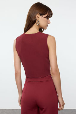 Bordo Dugmeli Crop Dokuma Yelek TWOSS22YE0053