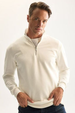 3 Iplik Pamuklu Sardonlu Ici Polarl? Comfort Regular Fit Rahat Kal?p Dik Yaka Fermuarl? Kal?n Sweatshirt