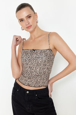 Trendyolmilla Kahverengi Leopar Bask?l? Ask?l? Crop Super Esnek Orme Bluz TWOSS24BZ00644  фото 2
