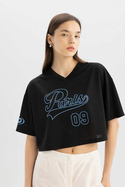 Крутая футболка оверсайз с V-образным вырезом и короткими рукавами с принтом - Defacto фото 4