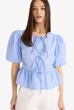 Regular Fit Bisiklet Yaka _izgili _nden Ba_lamal_ Poplin K_sa Kollu Bluz