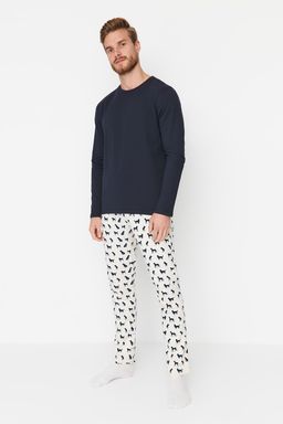 TRENDYOL MAN Lacivert %100 Pamuk Regular Fit Bask?l? Orme %100 Pamuk Pijama Tak?m? TMNAW23PT00028 - Trendyolmilla фото 3