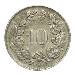 Монета 10 раппенов 1943 года Швейцария