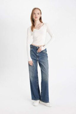 Мешковатые джинсовые брюки длиной до щиколотки с высокой талией и складками - Defacto фото 3