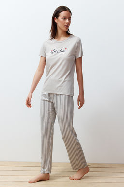 Trendyolmilla Mint Slogan Bask?l? Cizgili Orme Pijama Tak?m? THMSS24PT00251  фото 9