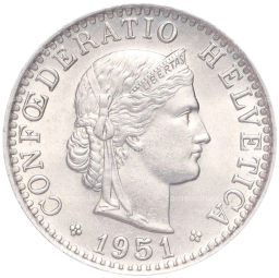 Монета 20 раппенов 1951 года Швейцария