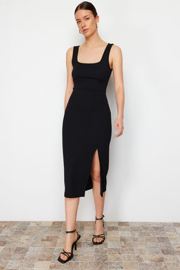TRENDYOLMILLA Siyah itted/Vucuda Oturan Y?rtmacl? Kare Yaka Esnek Orme Midi Kalem Elbise TWOSS24EL00679 фото 5