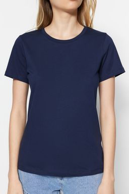 Lacivert-Bej %100 Pamuk 2li Paket Basic Bisiklet Yaka Orme T-Shirt TWOSS20TS0141