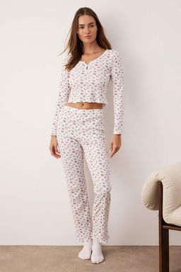 Beyaz-Cok Renkli Pamuk Polyester Cicekli Dantel Detayl? Kaskorse Orme Pijama Tak?m? THMAW26PT00217