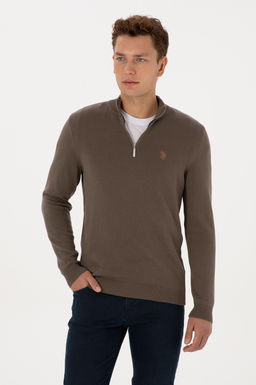 Erkek Slim Fit Yar_m Fermuarl_ Vizon Basic Kazak