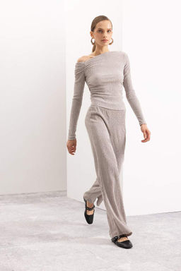 Женская приталенная футболка узкого кроя с длинным рукавом и запахом на одно плечо - Defacto фото 2