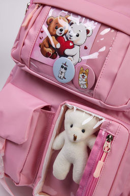 Pembe Kore Tarz? Aksesuarl?,Rozet Detayl? ve Ay?c?kl? Kids Okul S?rt Cantas? TAKAW26OI00004