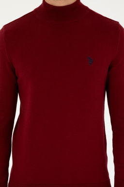 Erkek Slim Fit Yar_m Bo_azl_ Bordo Basic Kazak