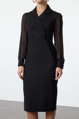 TRENDYOLMILLA Siyah Vucudu Saran Sifon Kol Detayl? Midi Dokuma Elbise TWOAW25EL00137  фото 4
