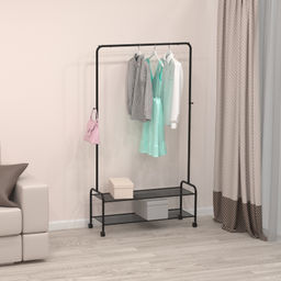 Вешалка гардеробная "Валенсия 32М" с двумя полками, на колёсах (VALENCIA 32M clothes rack) Черный