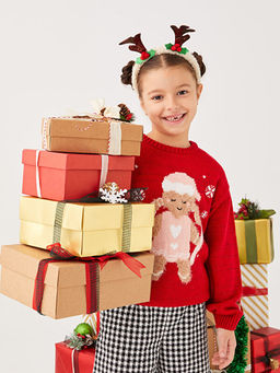 Bisiklet Yaka Desenli Uzun Kollu K?z ?ocuk Triko Kazak