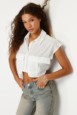 Ekru Onu Cepli Crop Regular Normal Kal?p Dokuma Gomlek TWOSS24GO00046 - Trendyolmilla фото 3