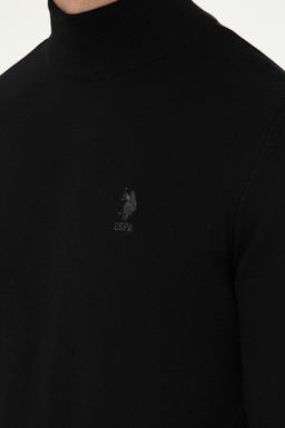 Erkek Slim Fit Yar_m Bo_azl_ Siyah Basic Kazak