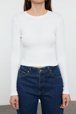 Ekru-Bordo li Paket Vucuda Oturan Bisiklet Yaka Fitilli Crop Esnek Orme Bluz TWOAW22BZ0331