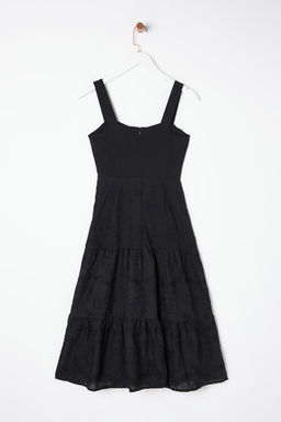 Siyah Belden Ac?lan Midi Brode Astarl? Dokuma Elbise TWOSS23EL00156