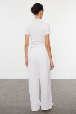 Beyaz C?rt C?rt Kapamal? Yuksek Bel Pileli Wide Leg Pantolon TWOAW24PL00177
