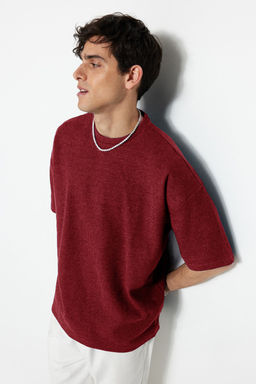 Basic Bordo Oversize/Genis Kesim Dokulu Waffle K?sa Kol T-Shirt TMNSS22TS00049