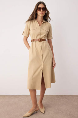 Trendyolmilla Haki Kemerli Keten Kar?s?ml? Cep Detayl? Midi Dokuma Gomlek Elbise TWOSS25EL00704  фото 8