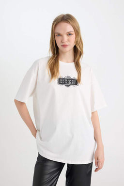 Cool Beetlejuice Oversize-футболка с широким кроем и круглым вырезом с короткими рукавами и принтом - Defacto фото 3