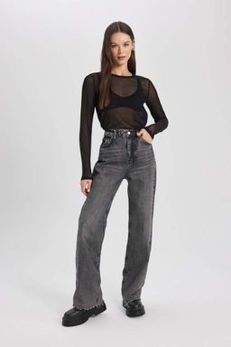 Тюлевая футболка стандартного кроя с круглым вырезом и длинными рукавами - Defacto фото 2