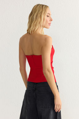 K?rm?z? Straplez Fitted Drapeli Dokuma Bluz TWOSS24BZ00348