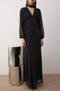 Siyah Sal Detayl? Dokuma Sifon S?k Maxi Abiye Gece Mezuniyet Elbisesi TPRAW26AE00011 - Trendyolmilla фото 3