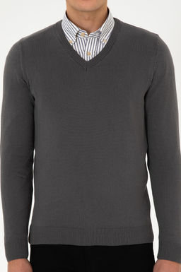 Erkek Slim Fit V Yaka Gri Basic Triko Kazak - U.s. polo assn фото 6