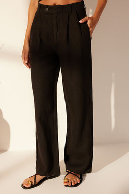 Siyah %100 Keten Pileli Yuksek Bel Wide Leg Pantolon TWOSS26PL00050 - Trendyolmilla фото 4