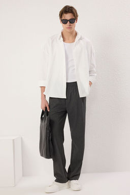Antrasit Cizgili Pileli Klasik Baggy Fit Kumas Pantolon TMNSS24PL00024