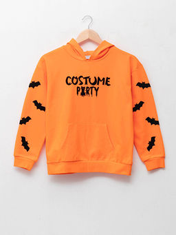 Kap??onlu Bask?l? Uzun Kollu K?z ?ocuk Sweatshirt