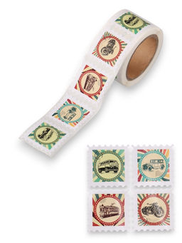 Цена за 2 шт. Наклейка бумага Марки. Ретро транспорт, 3?3 см, 200 шт. в рулоне